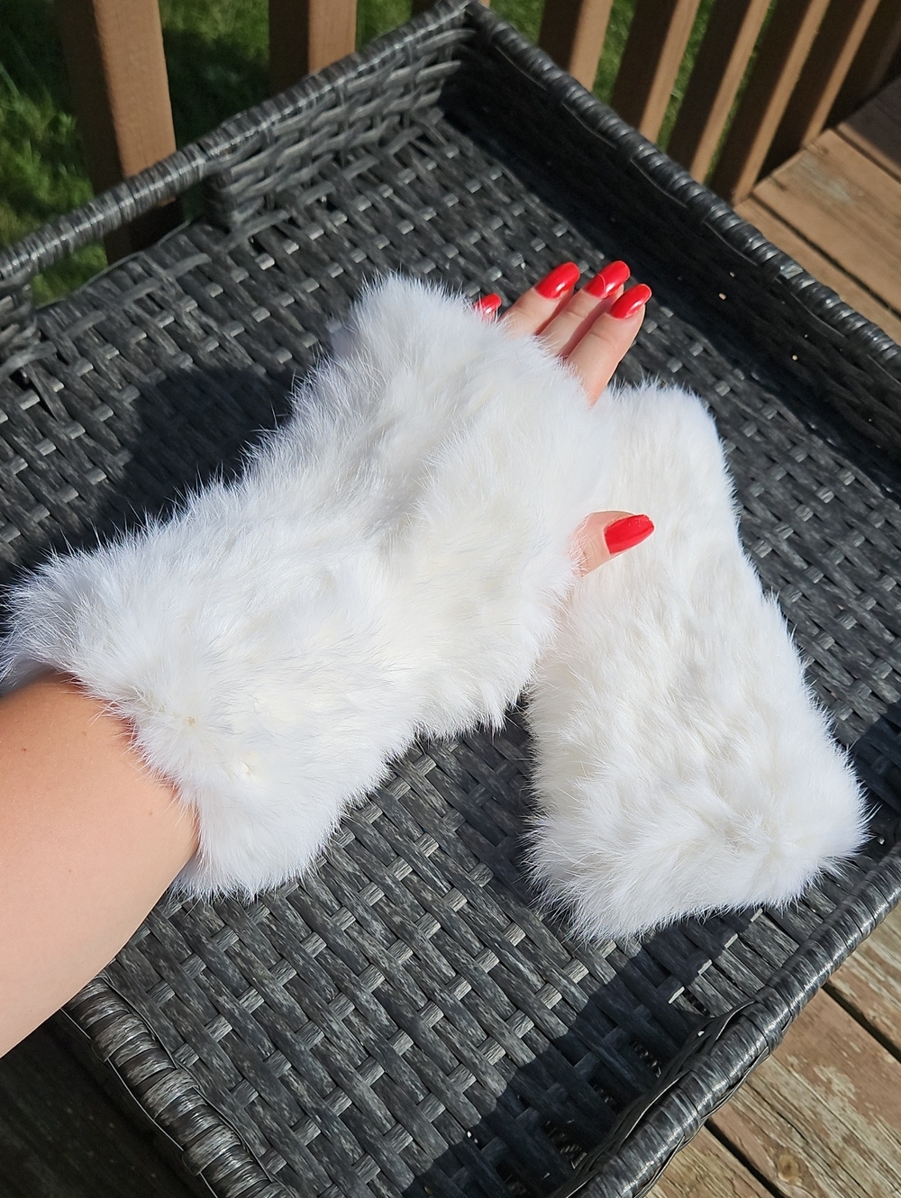 Real Rex Rabbit Fur Fingerless Gloves Mittens Ivory Cream Plush Winter Hand Warm